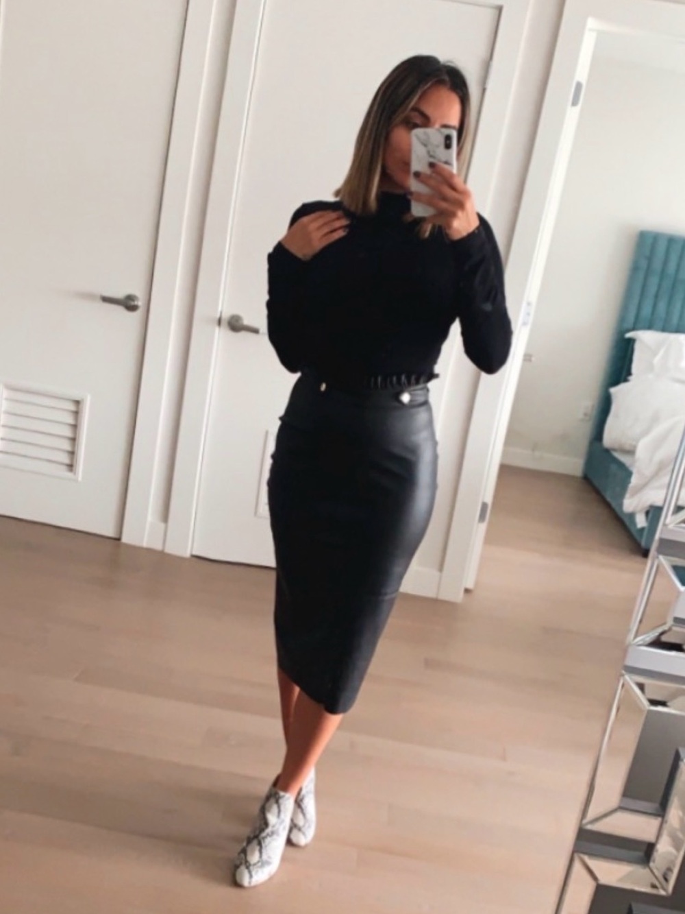 Zara Black Faux Leather Paperbag Waist Pencil Skirt with Gold Buttons